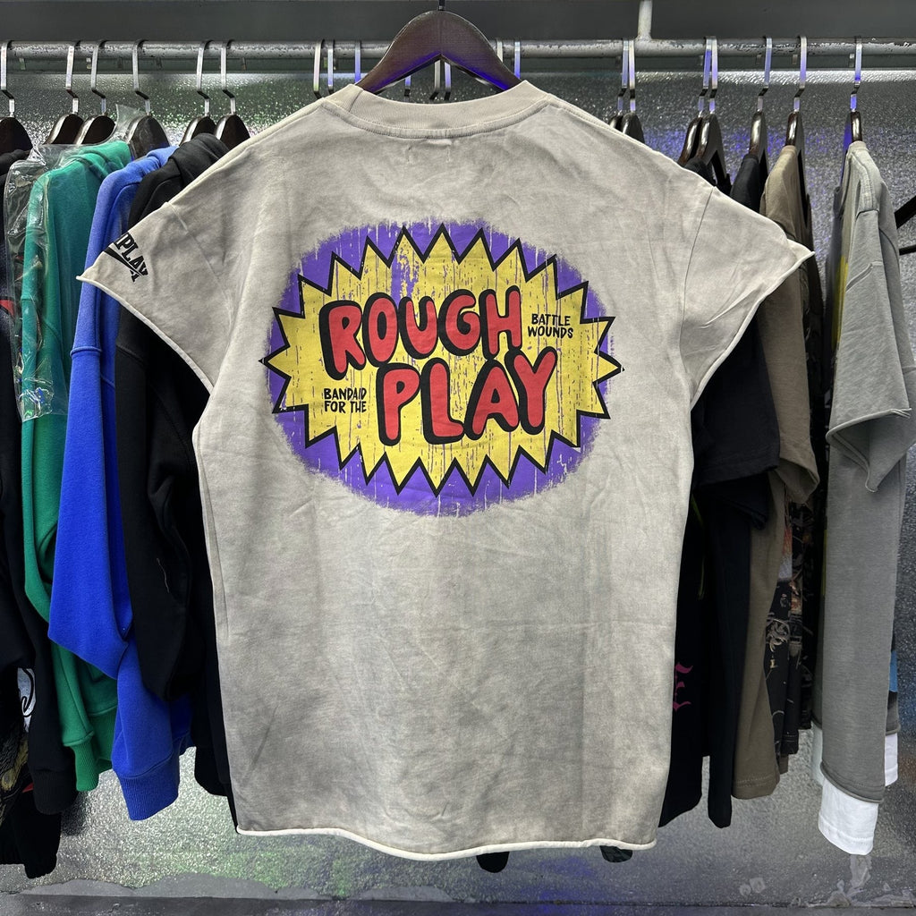 Rough Play Rhinestone Cartoon Graphic Distressed T-Shirt
