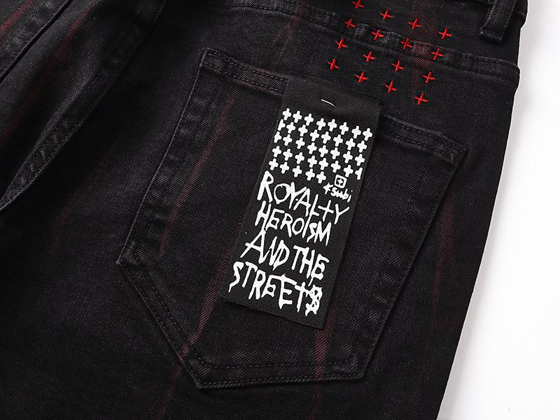 Ksubi Black Slim Tapered Jeans with Red Accents