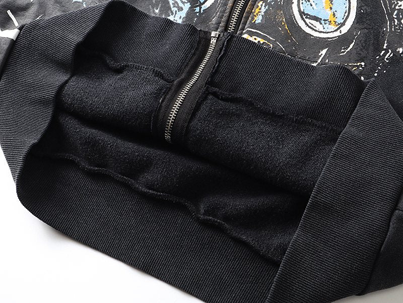 MIXED EMOTION Washed Black Graphic Zip Hoodie
