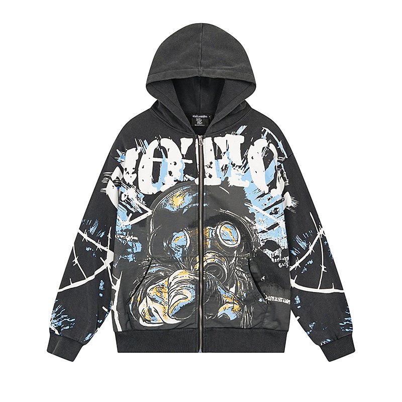 MIXED EMOTION Washed Black Graphic Zip Hoodie