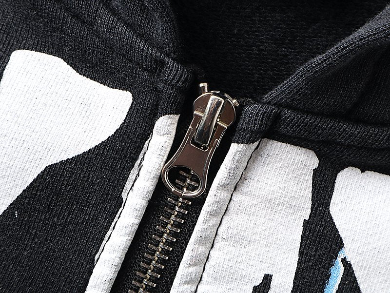 MIXED EMOTION Washed Black Graphic Zip Hoodie