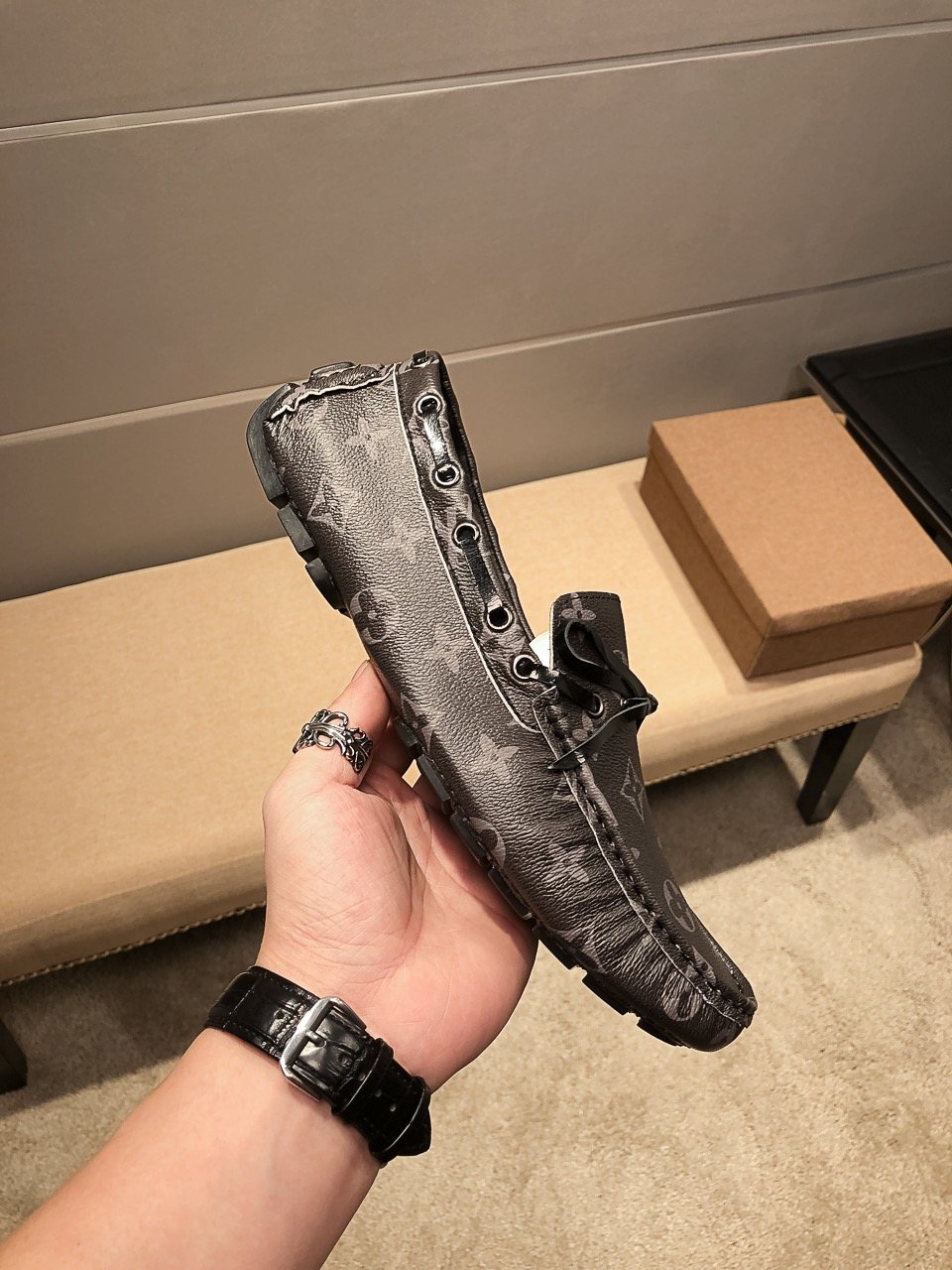 Louis Vuitton Dark Gray Monogram Bow Loafers