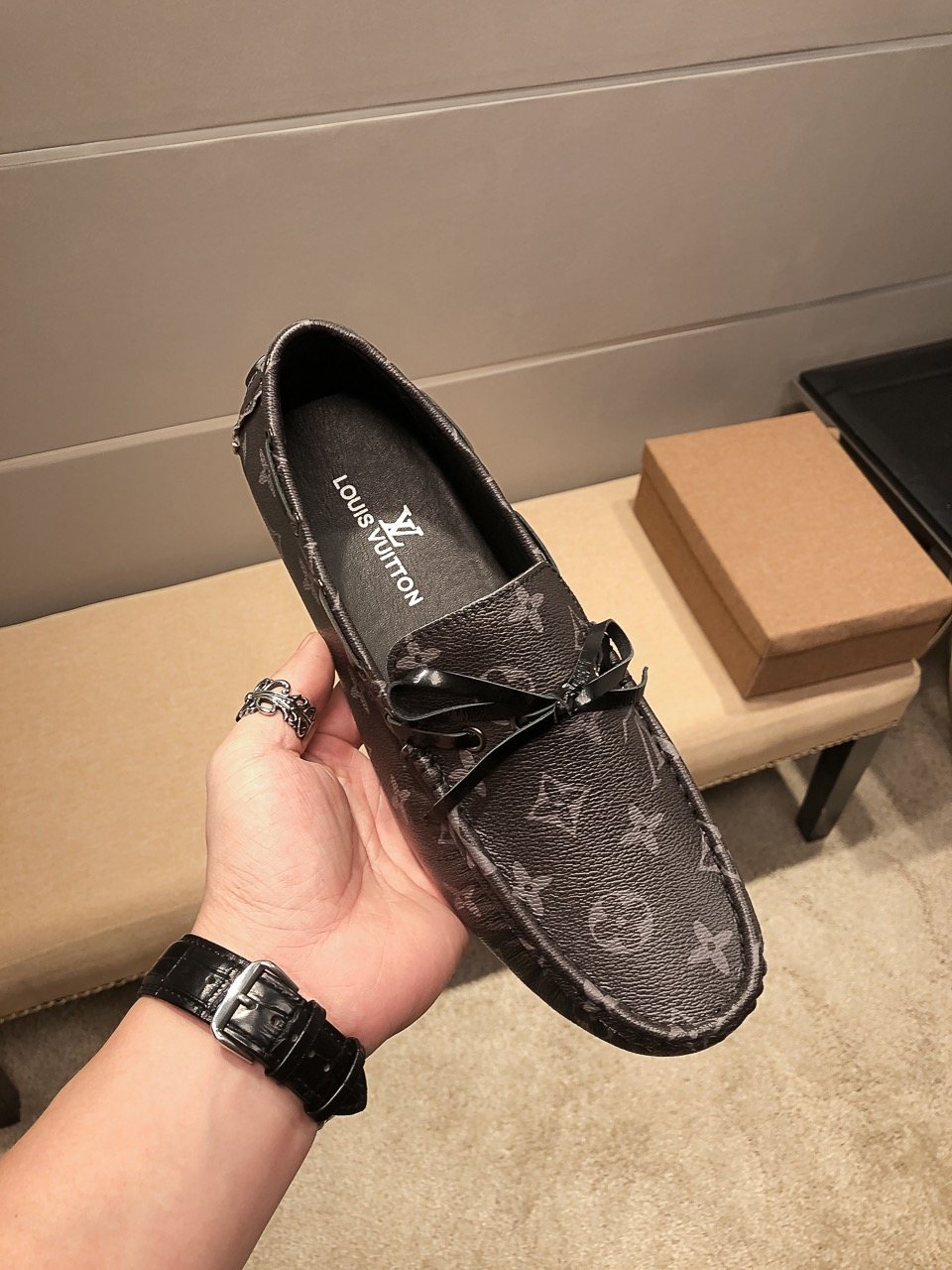Louis Vuitton Dark Gray Monogram Bow Loafers