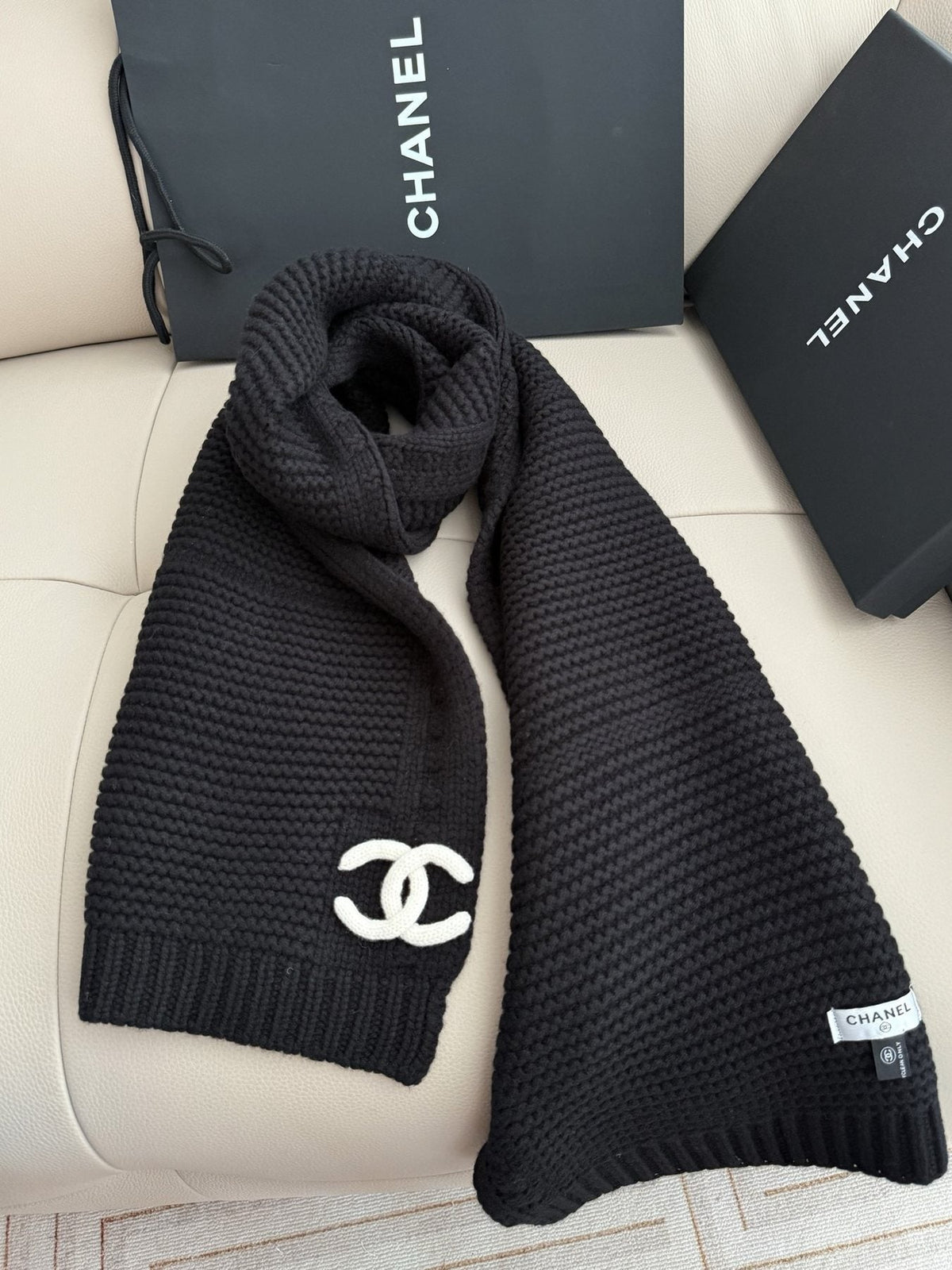 Chanel Black Rib-Knit Logo Scarf