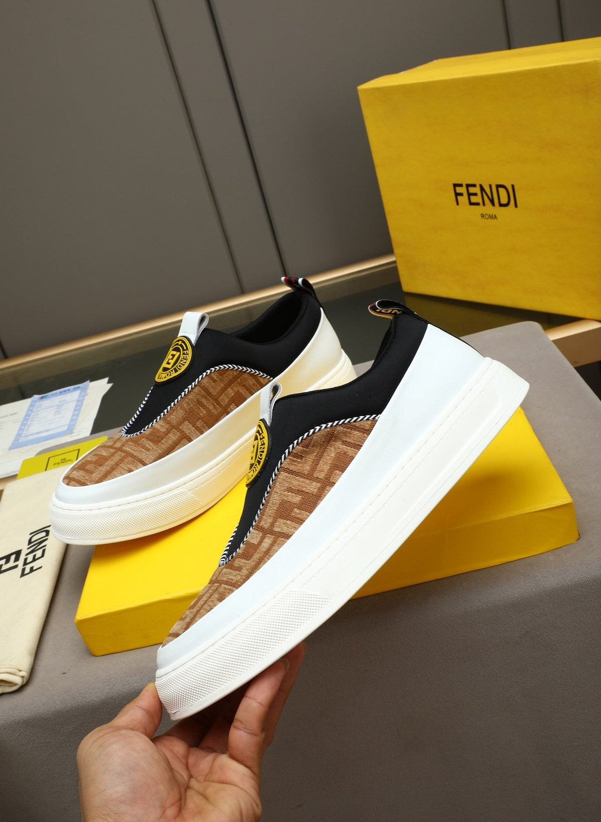 Fendi Brown Patterned Slip-On Sneakers