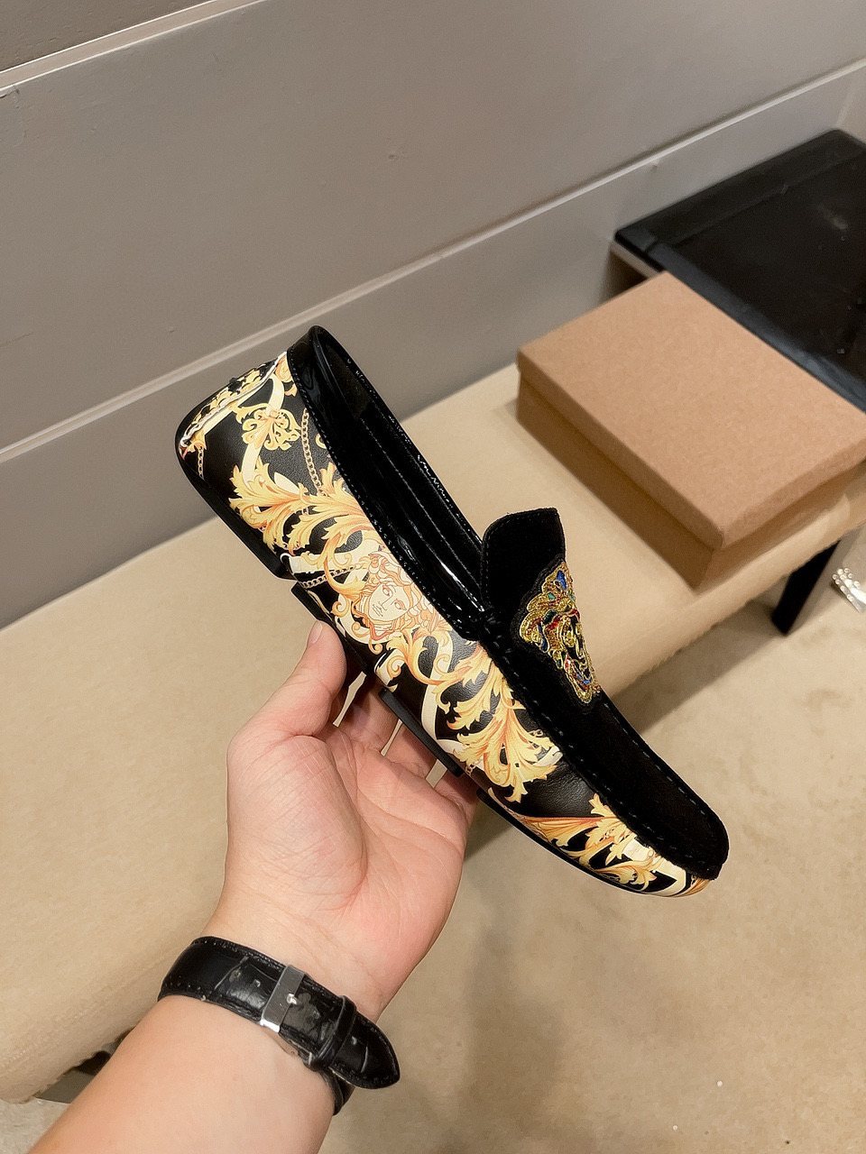 Men's Black Gold Ornamental Slip-On Loafers