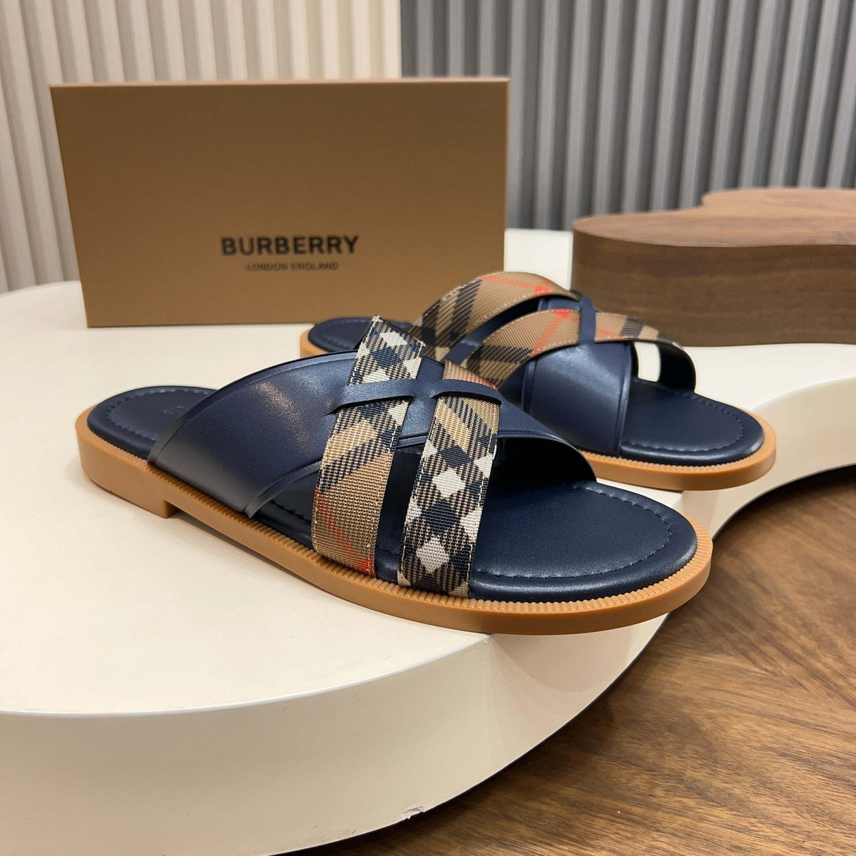 Burberry Plaid Cross-Strap Slide Sandals - Check Pattern
