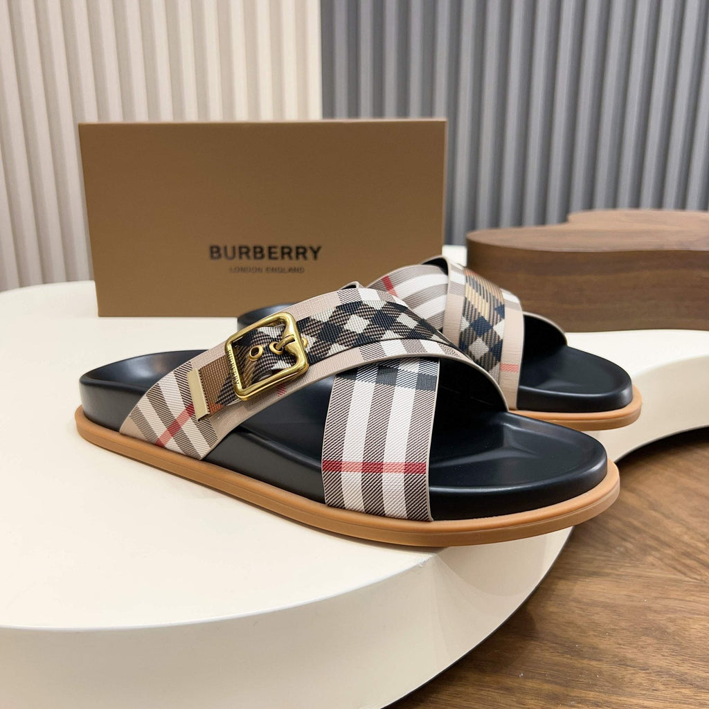 Burberry Check Cross-Strap Slide Sandals - Molded Footbed