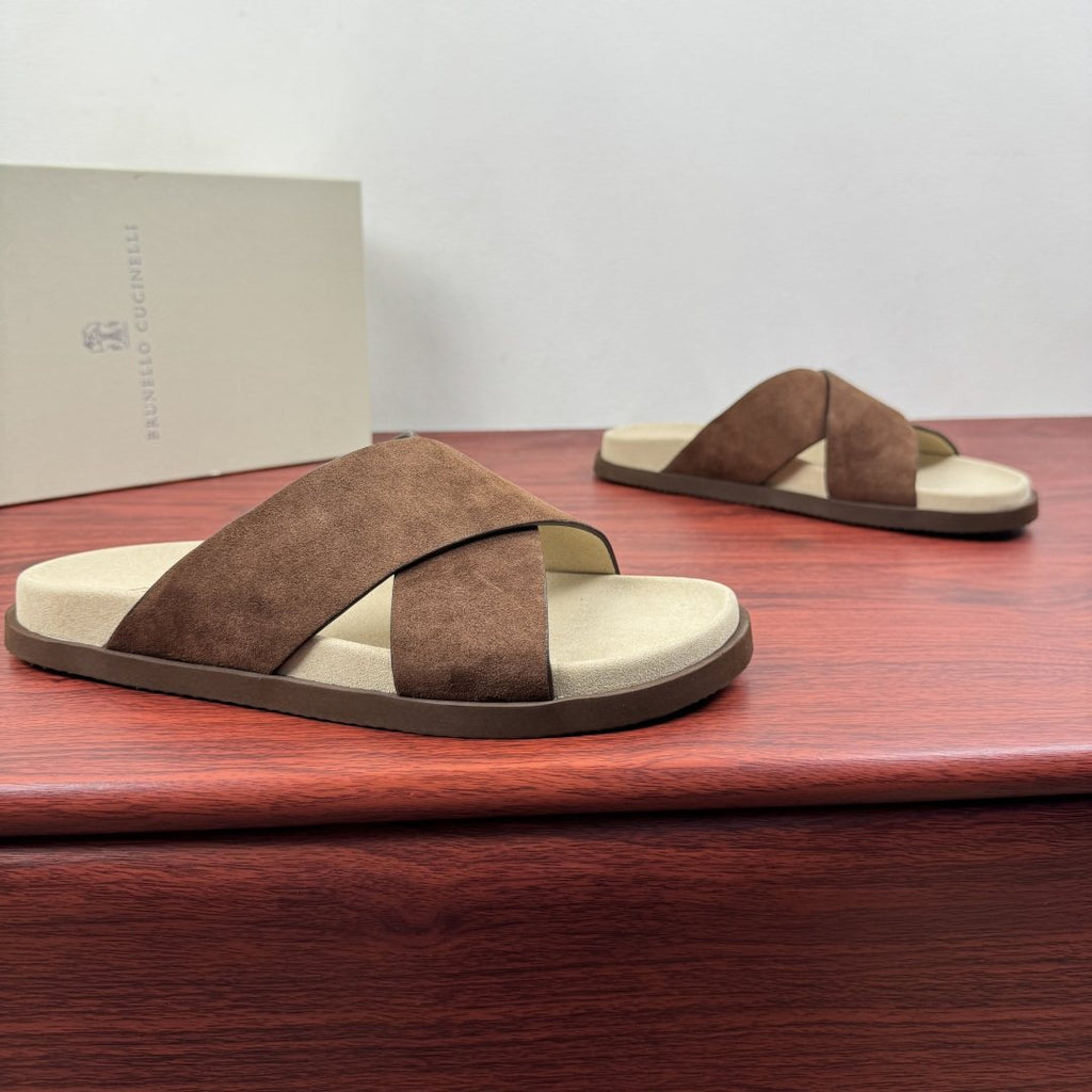 Brunello Cucinelli Men's Cross-Strap Slide Sandals - Low-Profile Dark Sole