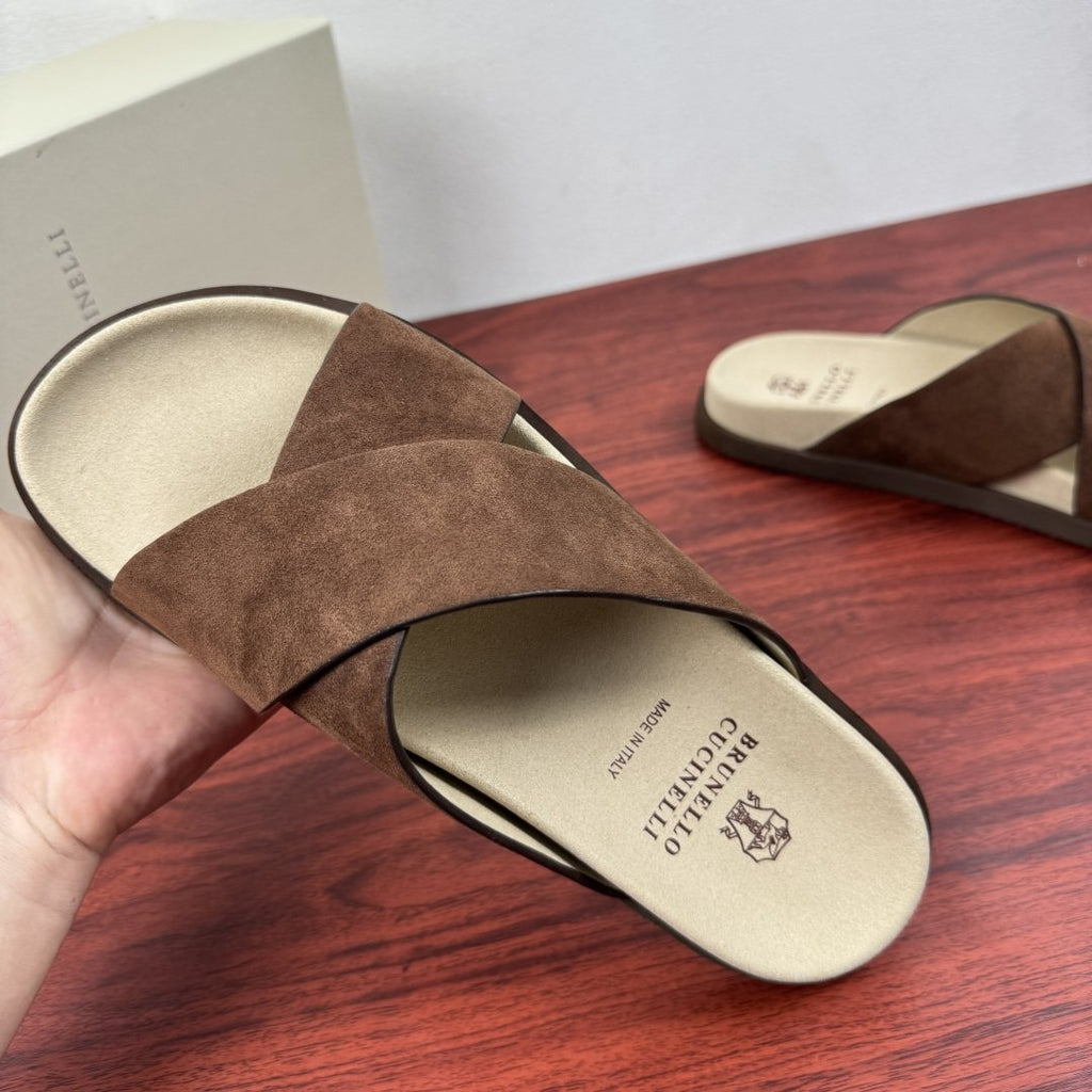 Brunello Cucinelli Men's Cross-Strap Slide Sandals - Low-Profile Dark Sole