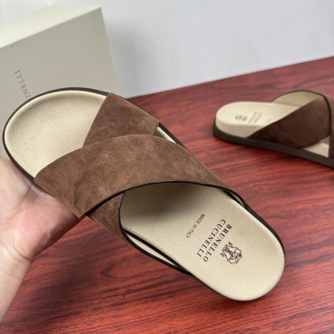 Brunello Cucinelli Men's Cross-Strap Slide Sandals - Low-Profile Dark Sole