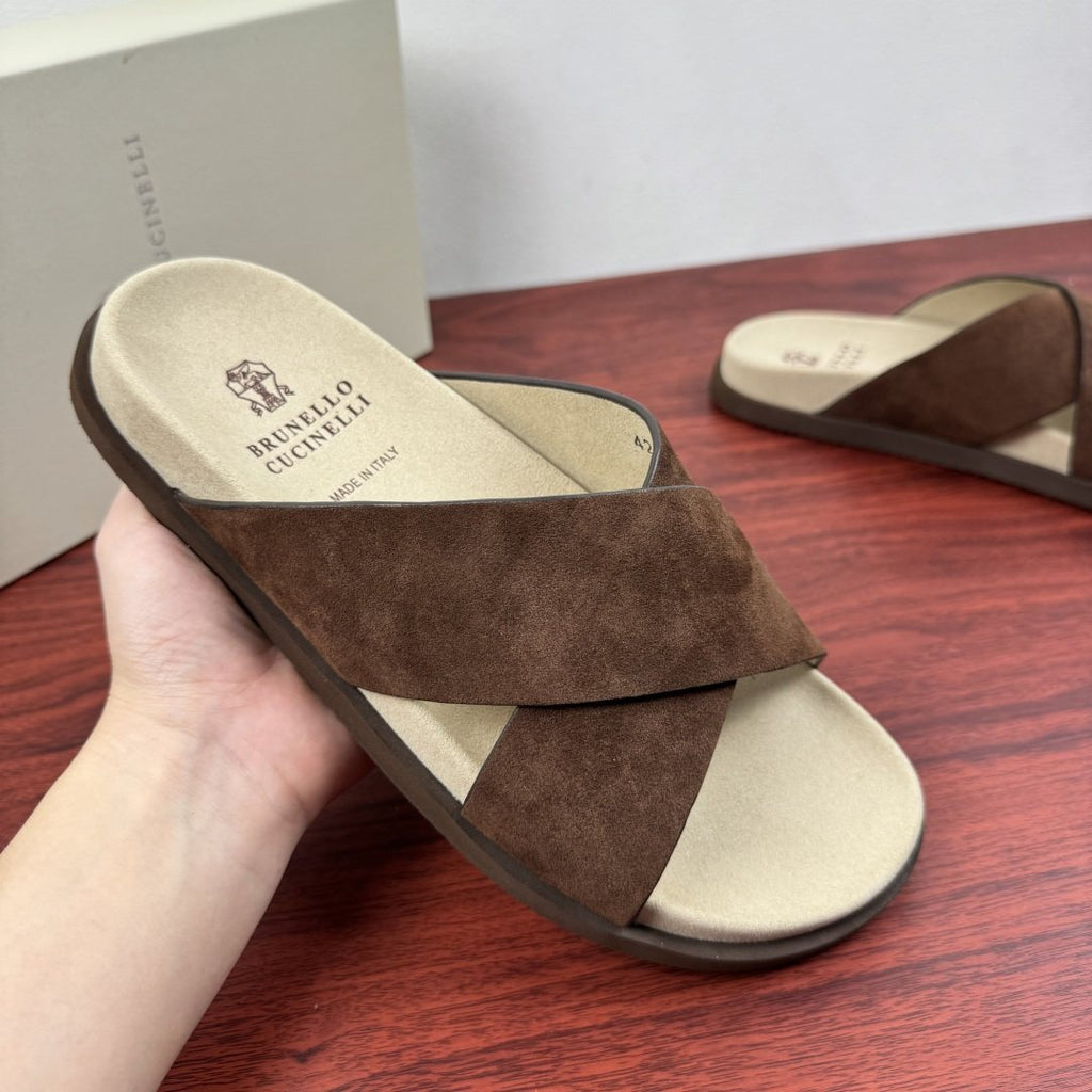 Brunello Cucinelli Men's Cross-Strap Slide Sandals - Low-Profile Dark Sole